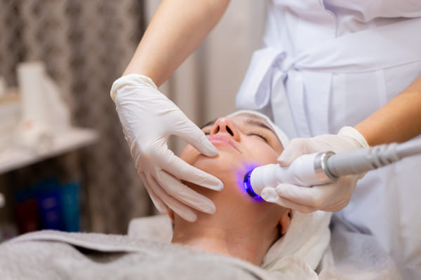Cliente recibiendo tratamiento facial con alta frecuencia.
