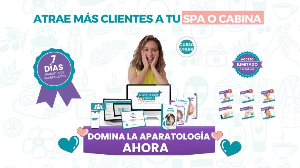 Promoción de curso online de aparatología estética para spas y cabinas, con acceso ilimitado, garantía de satisfacción y bonos exclusivos.