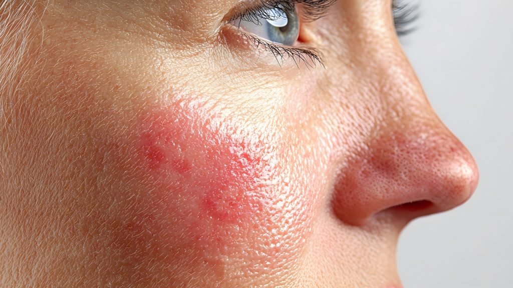 Rostro con signos de piel sensible: enrojecimiento, irritación y sensibilidad cutánea.