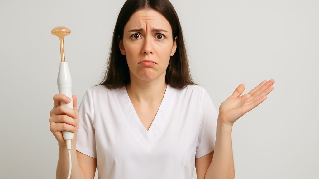 Cosmetóloga confundida sin saber cómo usar su equipo de alta frecuencia corporal.