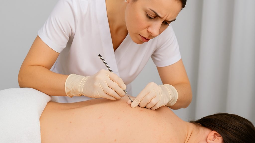 Cosmetóloga realizando una extracción profesional en la espalda.