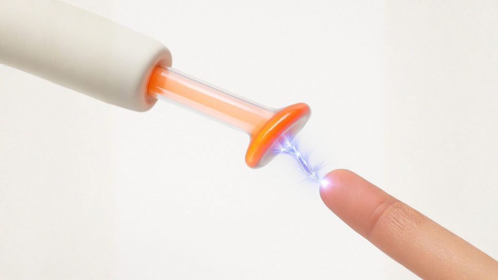 Chispas de alta frecuencia generando ozono entre el electrodo y la piel sin contacto.