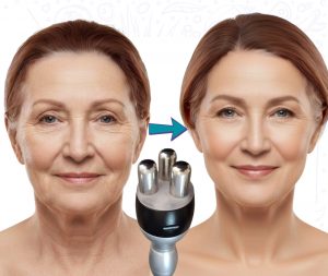 Comparación antes y después de un tratamiento de radiofrecuencia facial que muestra la reducción de arrugas y el rejuvenecimiento de la piel en una mujer adulta.