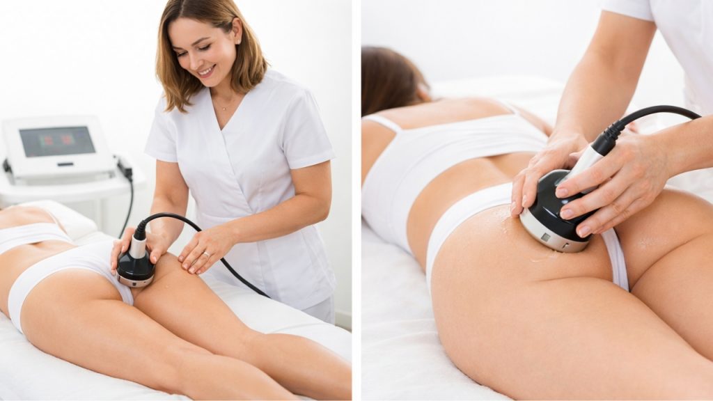Tratamiento de radiofrecuencia corporal aplicado en muslos y glúteos por profesional estética en cabina.