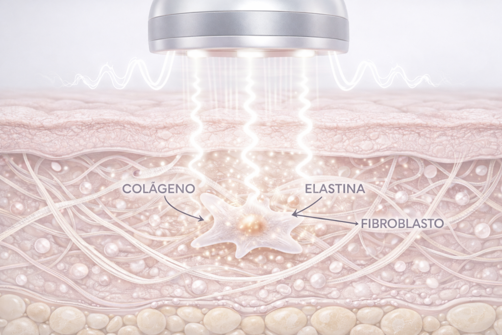 Ilustración de la radiofrecuencia actuando en la dermis para estimular colágeno y elastina.