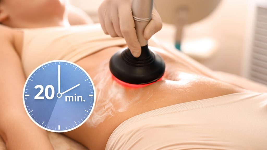 Radiofrecuencia corporal en abdomen mostrando el tiempo recomendado de aplicación de 20 minutos.