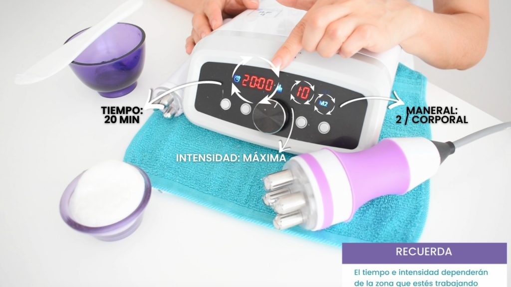 Configuración de tiempo e intensidad en equipo de radiofrecuencia corporal para tratamiento estético