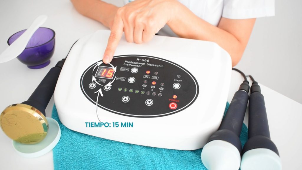 Programación de tiempo de 15 minutos en equipo de ultrasonido para tratamiento de abdomen