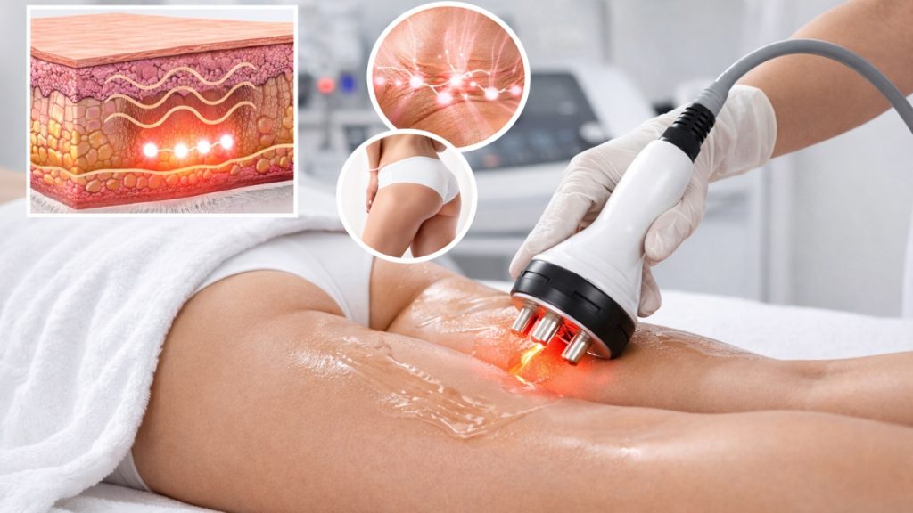 Tratamiento de radiofrecuencia corporal aplicado en piernas para reducir celulitis y mejorar la firmeza de la piel