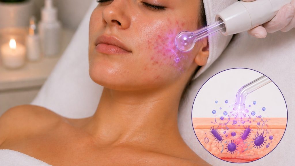 Tratamiento de acné con alta frecuencia usando chisporroteo para eliminar bacterias mediante ozono