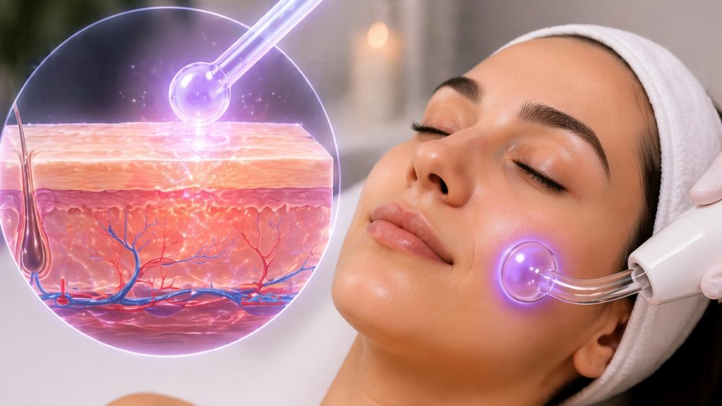 Alta frecuencia facial aplicada en el rostro mostrando cómo mejora la oxigenación y circulación en la piel con acné