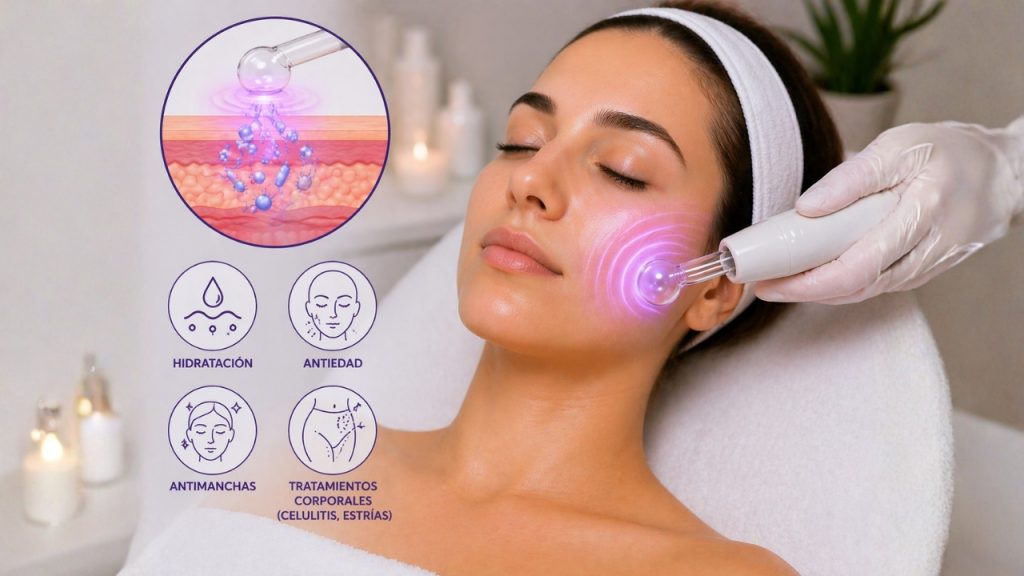 Alta frecuencia aplicada con masaje indirecto para mejorar la penetración de activos en tratamientos faciales