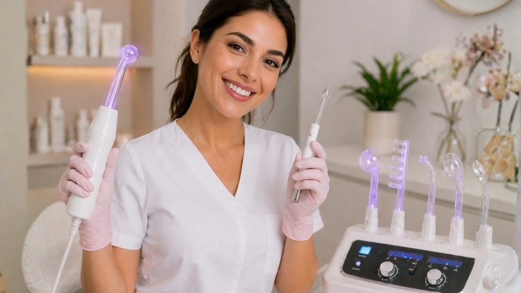 Cosmetóloga profesional sosteniendo aparato de alta frecuencia y electrodo tipo lápiz en clínica estética
