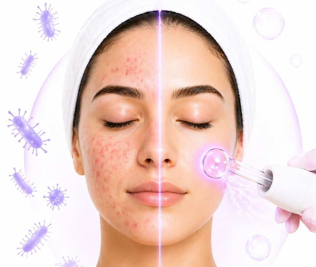 Resultado de eliminar acné con alta frecuencia mostrando antes y después en el rostro