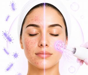 Resultado de eliminar acné con alta frecuencia mostrando antes y después en el rostro