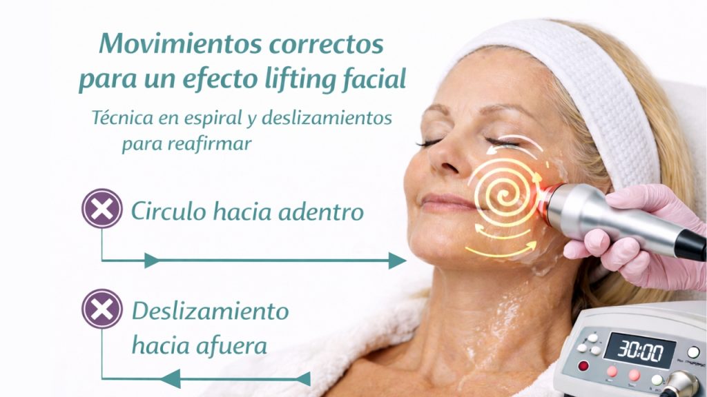 Técnica de radiofrecuencia facial con movimientos en espiral y deslizamientos para efecto lifting
