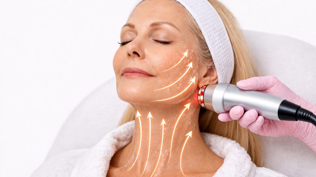 Aplicación de radiofrecuencia en cuello y rostro con movimientos ascendentes para reafirmar la piel