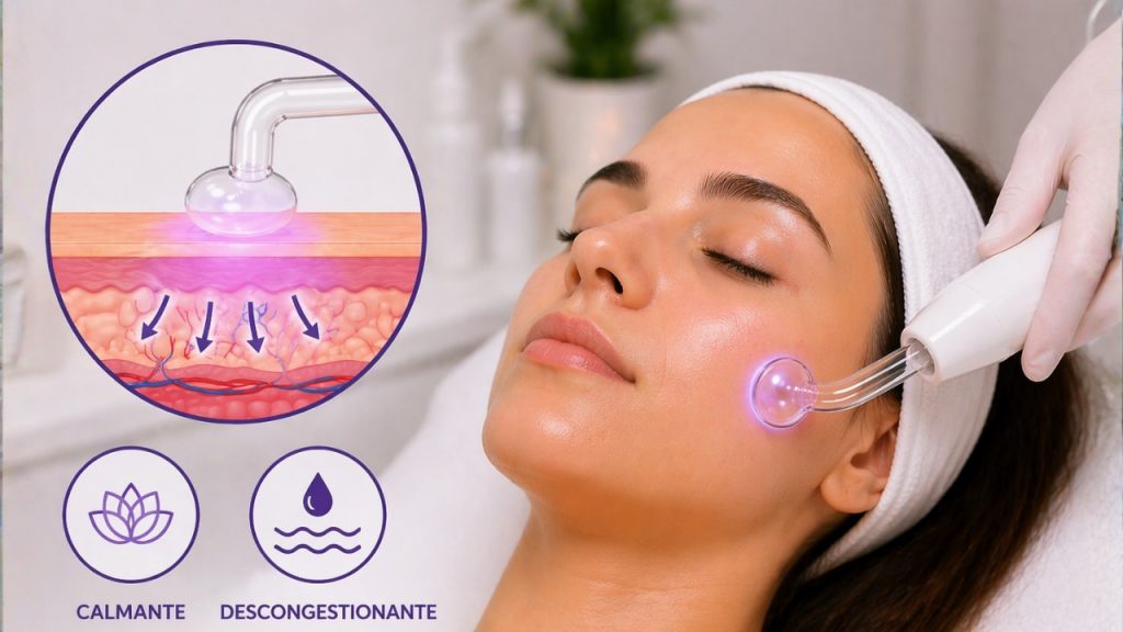 Aplicación de alta frecuencia con técnica de efluvio en rostro para calmar y descongestionar piel sensible