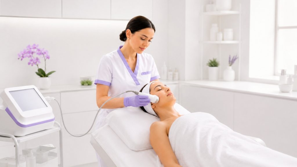 Cosmetóloga realizando tratamiento facial con ultrasonido en cabina profesional