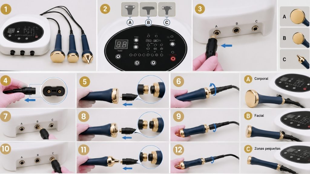 Guía visual para conectar los manerales del ultrasonido a la consola en aparatología estética.