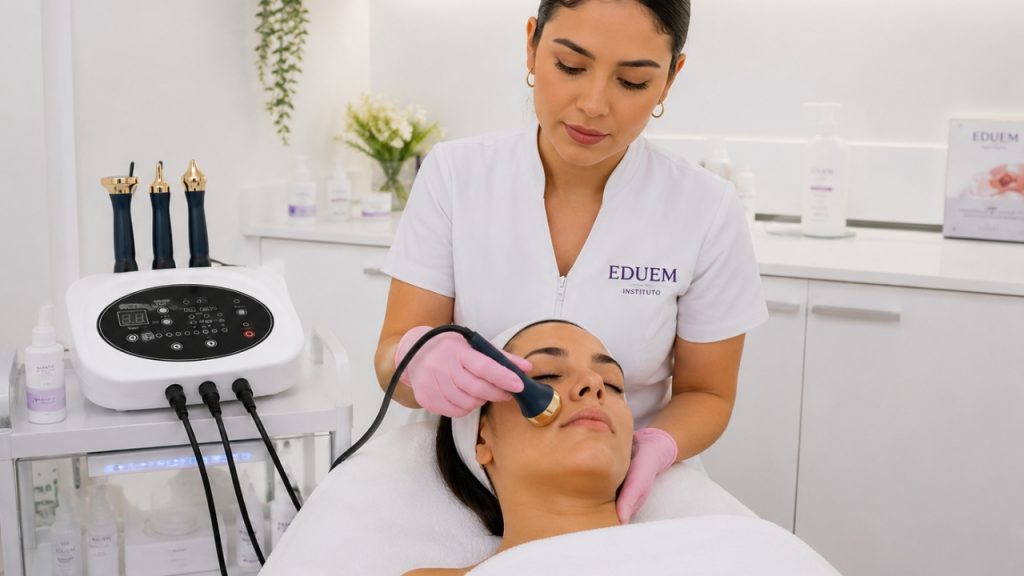 Cosmetóloga aplicando tratamiento de ultrasonido facial en cabina estética profesional.