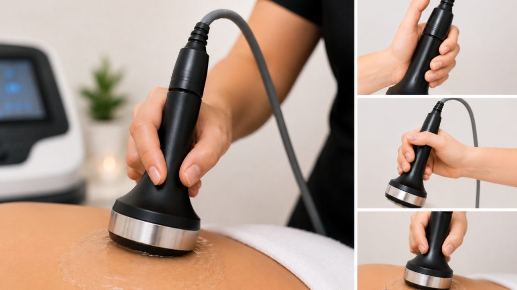 Técnica correcta para sostener el maneral de ultrasonido corporal durante tratamiento reductivo.