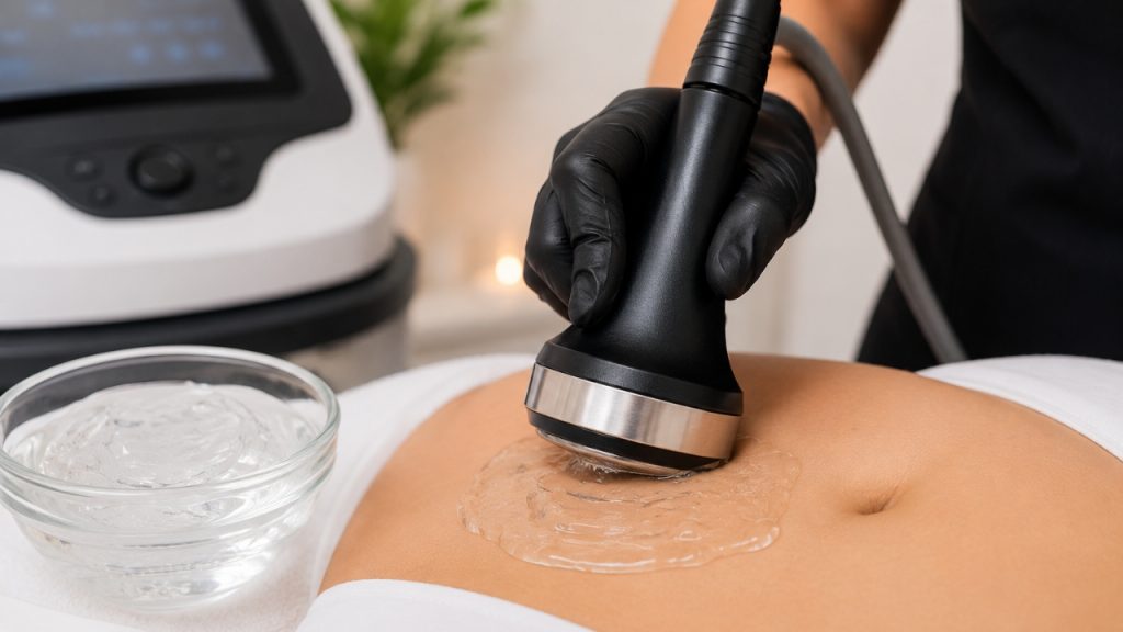 Aplicación correcta de gel conductor con maneral de ultrasonido corporal sobre abdomen en tratamiento estético.