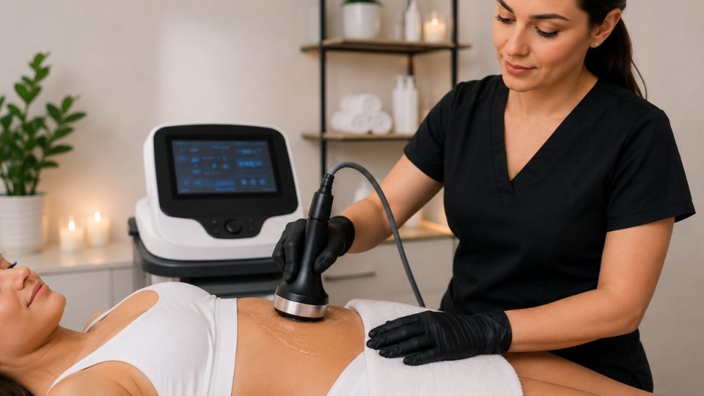 Tratamiento profesional de ultrasonido corporal realizado por cosmetóloga en ambiente spa clínico.