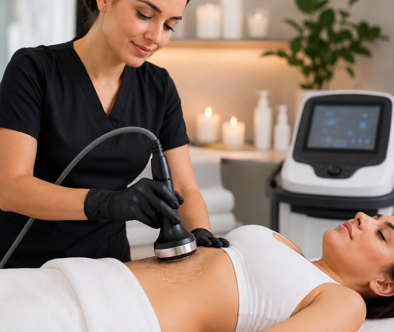 Cosmetóloga realizando tratamiento de ultrasonido corporal en abdomen dentro de una cabina estética profesional.