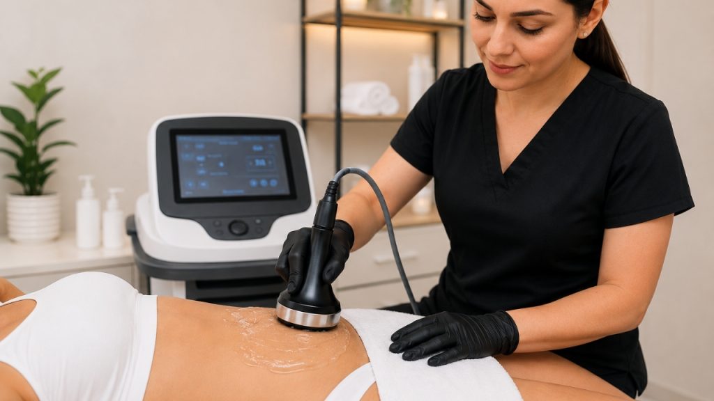 Cosmetóloga realizando tratamiento de ultrasonido corporal para reducir cintura y moldear abdomen en cabina estética.