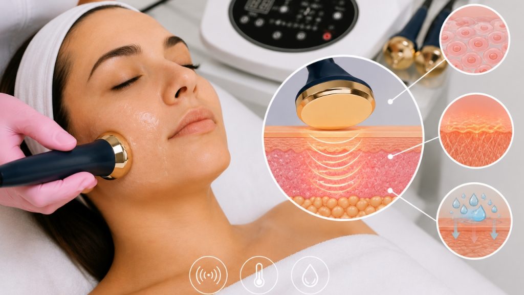 Aplicación de ultrasonido facial mostrando cómo las ondas penetran la piel y estimulan el tejido.