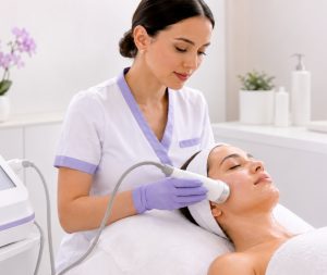 Cosmetóloga aplicando ultrasonido facial paso a paso en tratamiento profesional