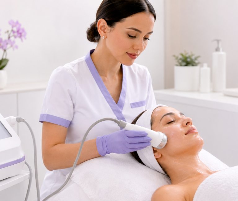 Cosmetóloga aplicando ultrasonido facial paso a paso en tratamiento profesional