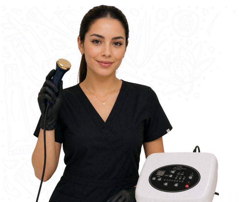 Cosmetóloga usando equipo de ultrasonido facial y corporal en cabina estética profesional