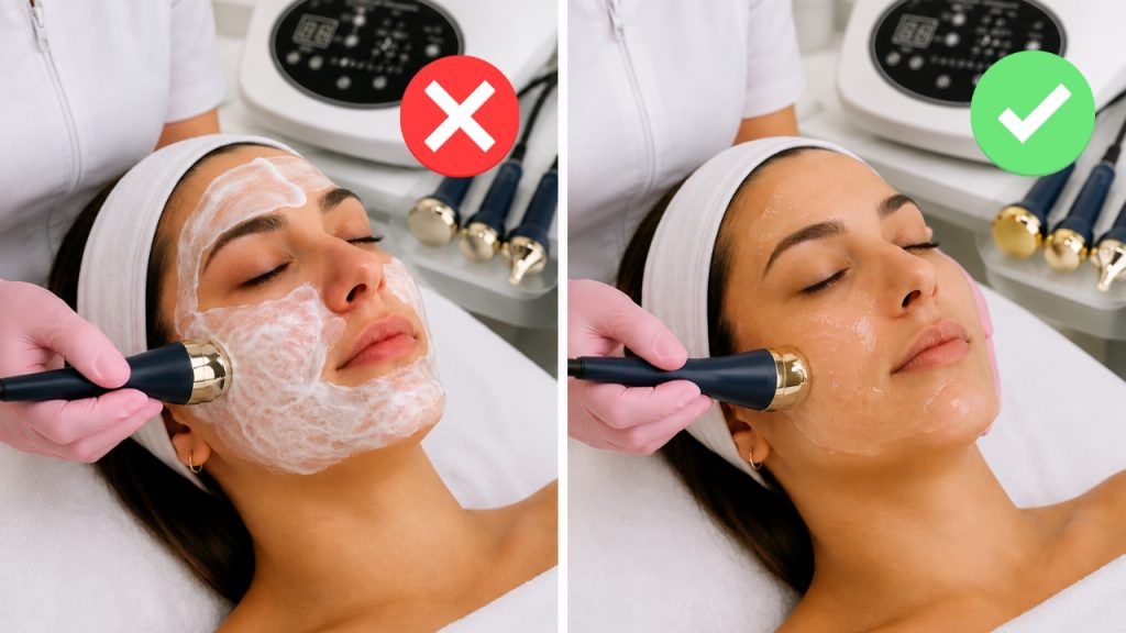 Comparación de uso correcto e incorrecto del ultrasonido facial con gel conductor y crema en tratamiento estético.