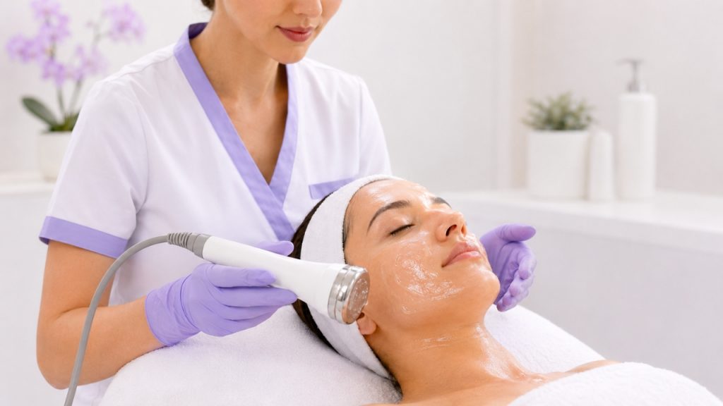 Cosmetóloga aplicando gel conductor al ultrasonido facial en un tratamiento real 