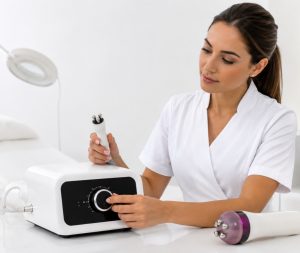 Cosmetóloga aprendiendo a configurar y utilizar un aparato de radiofrecuencia facial profesional.