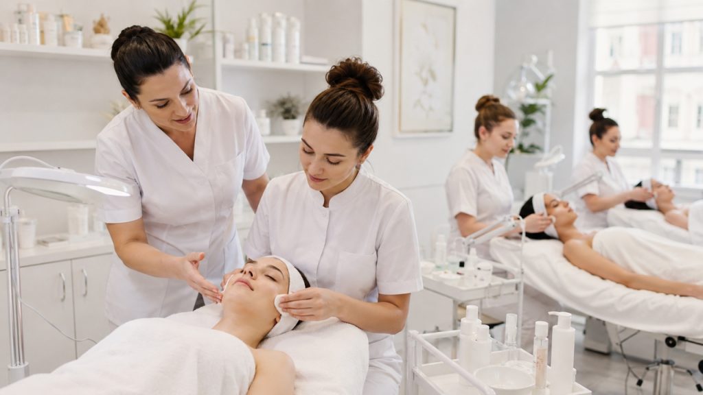 Profesora supervisando a alumnas durante una práctica de tratamientos faciales en el salón de cosmetología.