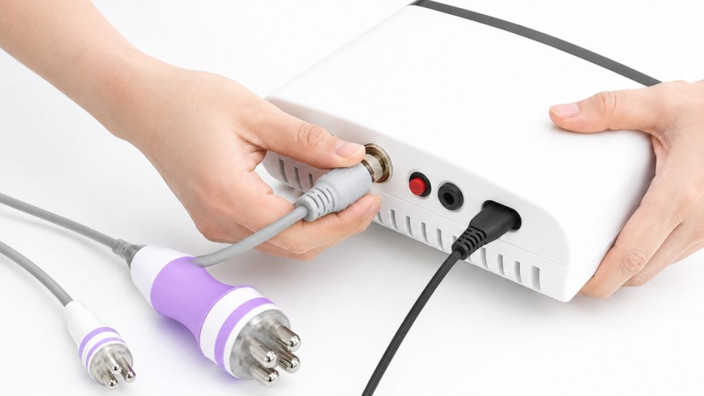 Manos conectando correctamente el maneral a la consola de radiofrecuencia facial.