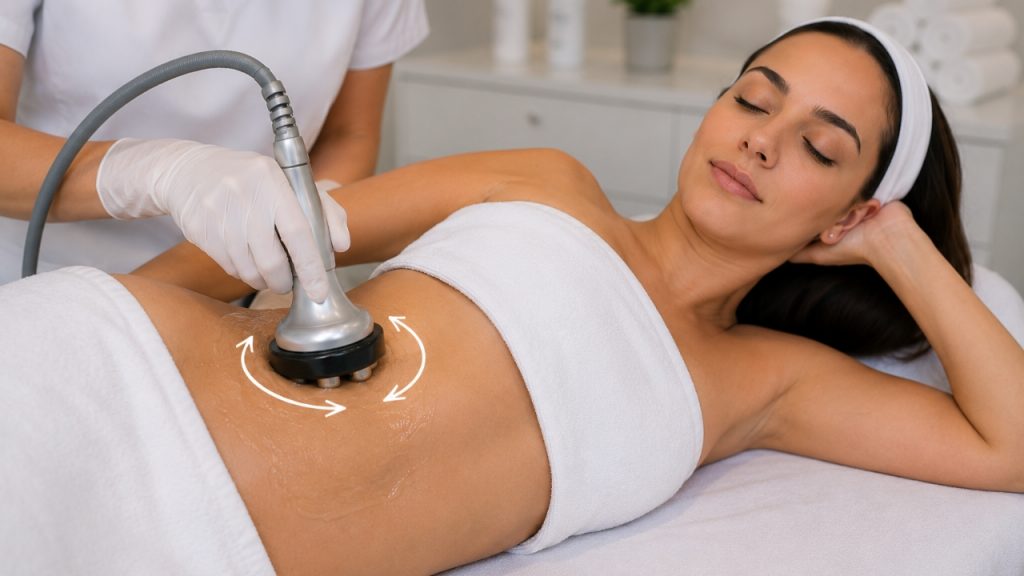 Contacto correcto del maneral de radiofrecuencia corporal sobre el abdomen.