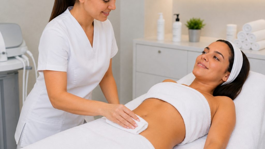 Aplicación de un producto corporal después del tratamiento de radiofrecuencia abdominal.