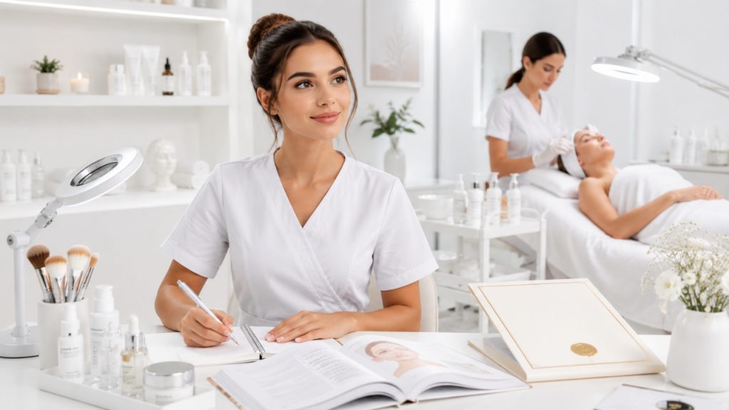 Alumna de cosmetología estudiando tratamientos faciales y preparándose para obtener su certificación profesional.