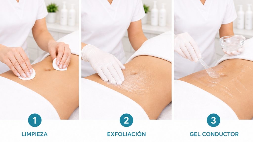 Preparación de la piel y aplicación de gel conductor antes de la radiofrecuencia abdominal.