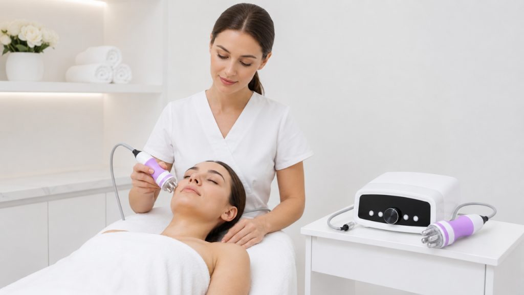 Cosmetóloga realizando un tratamiento de radiofrecuencia facial a una clienta en cabina.