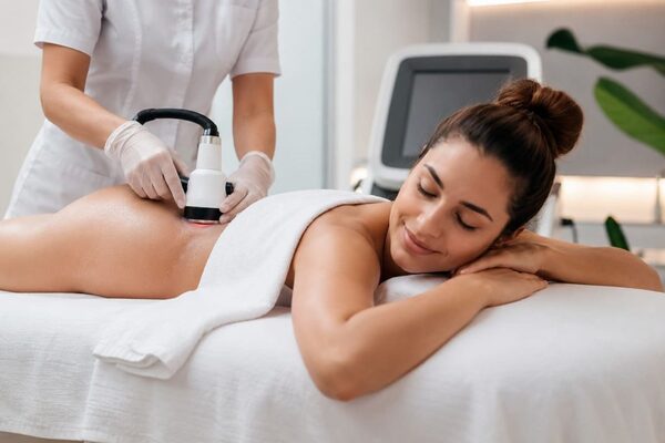 Especialista aplicando un tratamiento de radiofrecuencia en glúteos para reducir la celulitis, reafirmar la piel y estimular la producción de colágeno durante un procedimiento profesional de estética corporal.