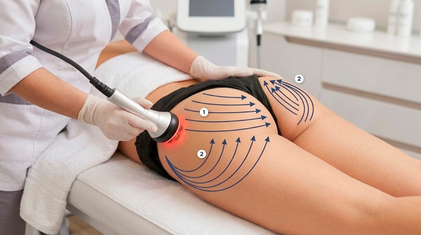 Movimientos correctos para aplicar radiofrecuencia en glúteos con técnica profesional de reafirmación, moldeado corporal y tratamiento de la celulitis.