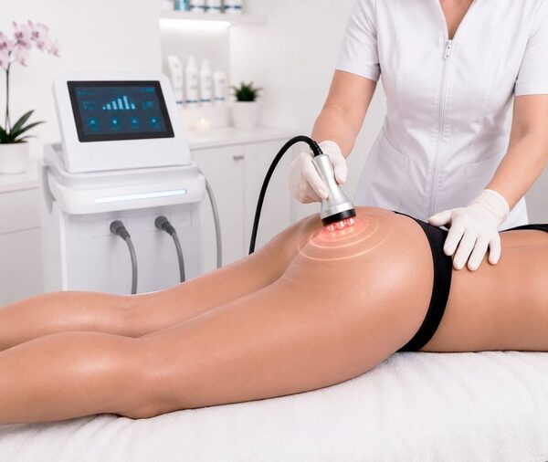 Especialista aplicando radiofrecuencia en glúteos con un equipo profesional para estimular la producción de colágeno, reafirmar la piel y reducir la apariencia de la celulitis.