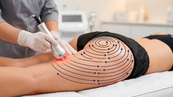 Técnica de moldeado y levantamiento de glúteos mediante radiofrecuencia corporal utilizando movimientos circulares y de definición profesional.