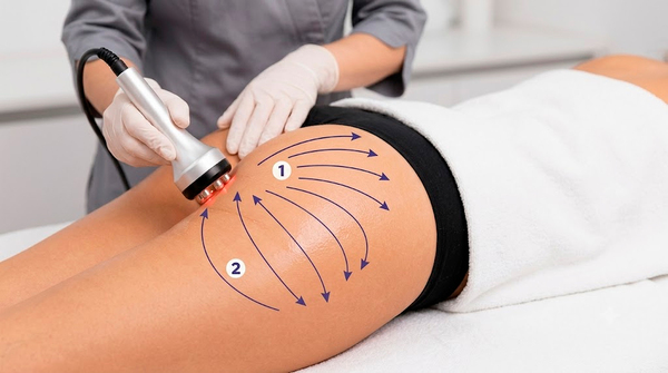 Tratamiento profesional de radiofrecuencia para disminuir la celulitis en glúteos mediante movimientos ascendentes y reafirmantes.