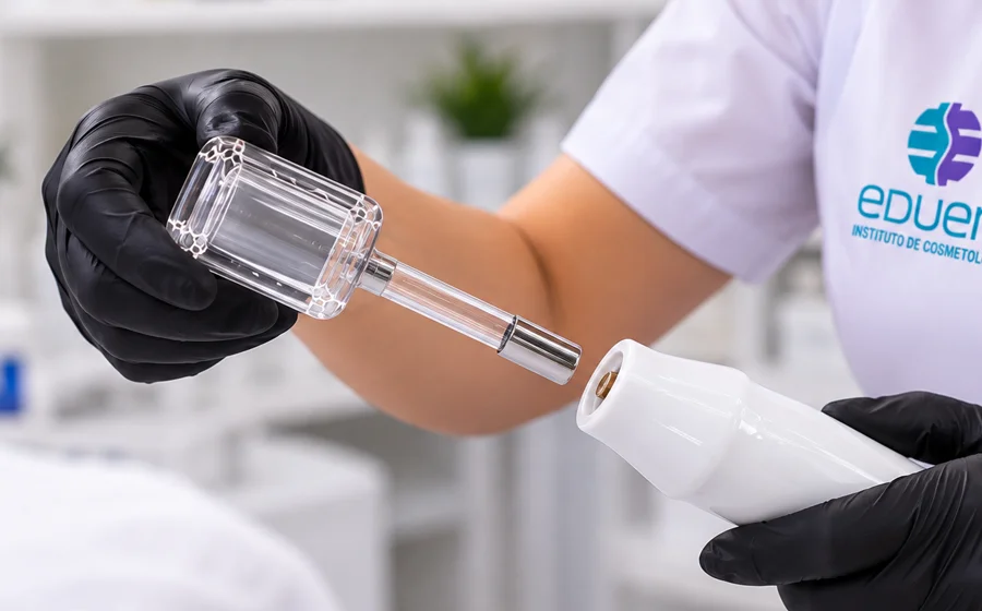 Estudiante de EDUEM retira cuidadosamente el electrodo de rodillo de alta frecuencia al finalizar un tratamiento corporal, siguiendo un protocolo profesional de cosmetología.